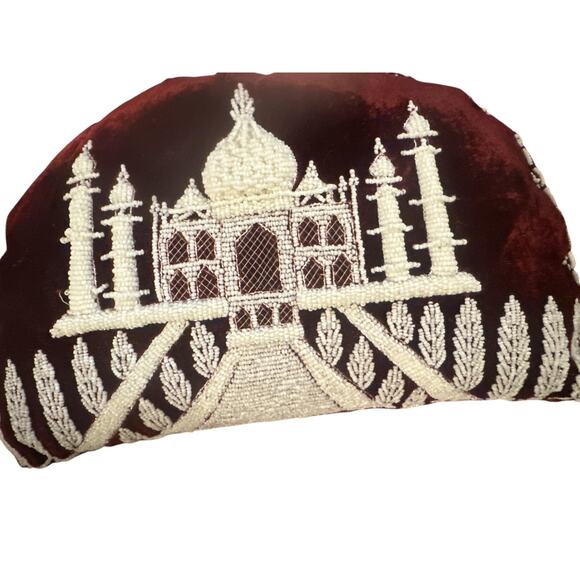 Vintage Handmade Beaded Embroidered Velvet Pillow Art Decor Taj Mahal Peacock - Picture 7 of 8